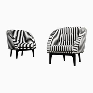 Mid-Century Scandinavian Modern Rounded Armchairs with Black & White Stripes, 1960s, Set of 2