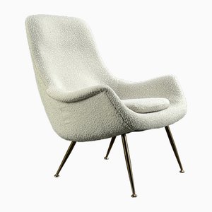 Cocktail Armchair with a White Bouclé Cover & Brass, Germany, 1950s