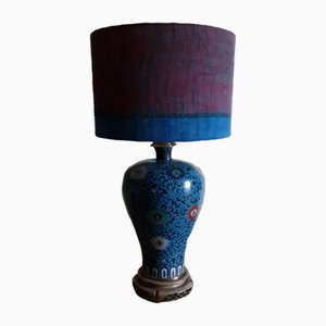 Vintage Blue Opaque Enamel Table Lamp with Red-Blue Linen Umbrella, 1920s