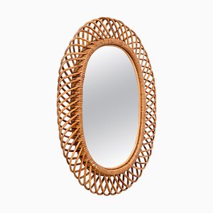 Mid-Century French Riviera Bamboo and Rattan Oval Mirror by Franco Albin, Italy, 1960s