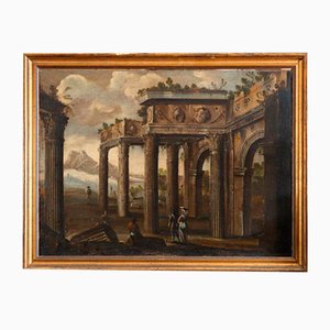 Capriccio arquitectónico romano, siglo XVII, óleo sobre lienzo
