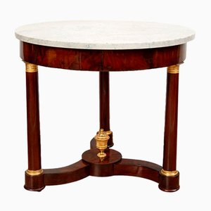 Antique French Empire Coffee Table in Mahogany Feather with Marble Top and Golden Bronze Details, 19th Century