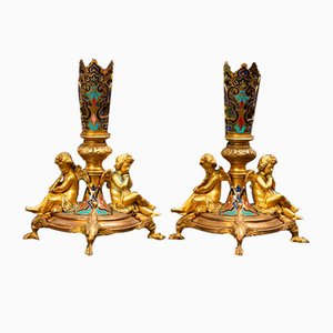 Antique Napoleon III Candleholders in Golden Bronze and Enamel, Set of 2