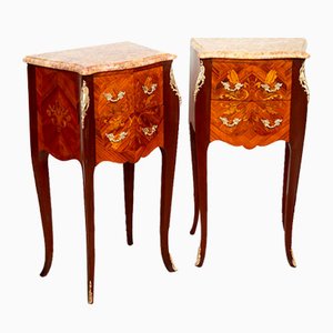 Antique French Napoleon III Nightstands in Exotic Woods with Siena Yellow Marble Top, 1800s, Set of 2