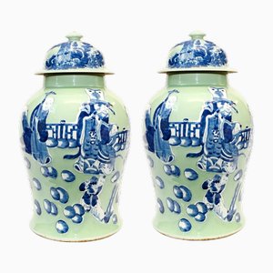 Chinese Celadon Porcelain Ginger Jars or Temple Urns, Set of 2