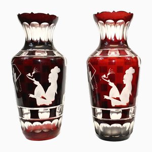 French Bohemian Urns in Ruby Cut Glass, Set of 2