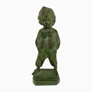Young Child Figurine in Green Patinated Bronze, 1930s