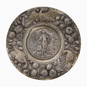 19th Century Round Silver Dish with Eagle and Fruit Decor