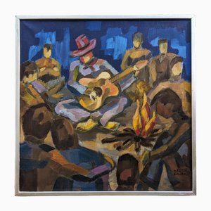 Around the Fire, 1950s, Oil on Canvas, Framed