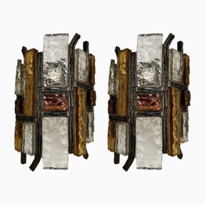 Hammered Glass and Wrought Iron Sconces from Longobard, Italy, 1970s, Set of 2