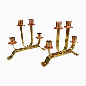 Italian Art Deco Brass and Copper Candleholders, 1930s, Set of 2