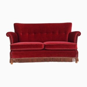 Danish 2-Seater Sofa in Cherry Red Velour, 1950s