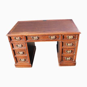 Oak Pedestal Desk with Brown Leather Top, 1940s