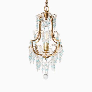 Small French Brass and Crystal Chandelier, 1930s