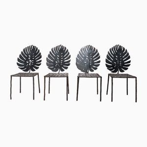 Ende 20. Jh. Stahl Stühle mit Blattförmiger Rückenlehne & Geflochtener Sitzfläche von Fernando Oriol, 4 . Set