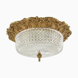 Heavy Brass and Faceted Cut Glass Flush Mount with French Lily Motif