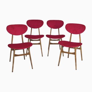 Rote Mid-Century Esszimmerstühle aus Samt & Holz, Italien, 1950er, 4 . Set
