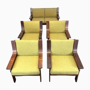 Mid-Century Armchairs and Sofa in Wood and Green Fabric, Italy, 1960s, Set of 5