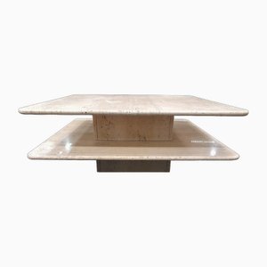 Large Square 2-Tier Coffee Table in Travertine, 1970s