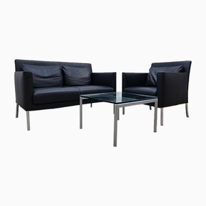 Jason 391 Sofa and Chair in Black Leather with Glass Table from Walter Knoll, Set of 3