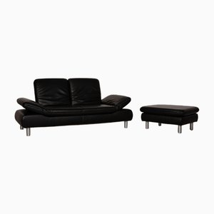 Rivoli Set 2-Seater Sofa and Ottoman in Black Leather from Koinor, Set of 2