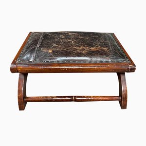 Antique Footstool in Black Leather and Wood