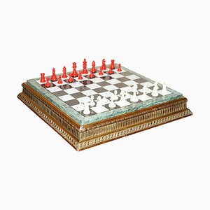 Victorian Chessboard & Pieces in Italian Marble & Giltwood from Staunton, Set of 17