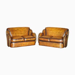 Art Deco Hand Dyed Brown Leather Sofas by Harry & Lou Epstein, Set of 2
