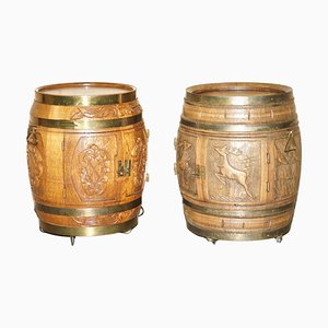 Antique Carved Upcycled Barrel Bars or Side Tables, Set of 2