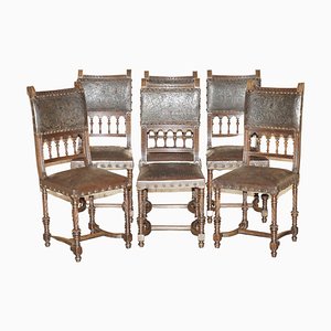 Chaises de Salle à Manger Henry II en Chêne et Cuir Embossé, France, 1880s, Set de 6