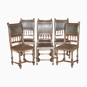 French Henry II Oak & Embossed Leather Dining Chairs, 1880s, Set of 6