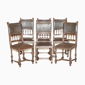 Sillas de comedor francesas Henry II de roble y cuero grabado, década de 1880. Juego de 6