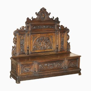 Dutch Hand Carved Monks Settle Bench with Internal Storage, 1860s