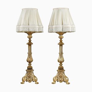 19th Century Gilded Bronze Candlesticks with Pagoda Lampshade, 1870s, Set of 2