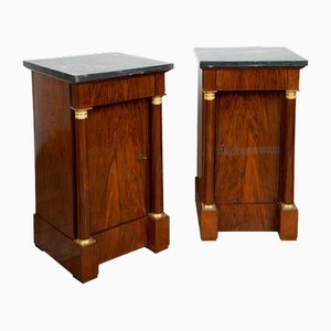 Antique French Empire Bedside Tables in Walnut Root with Gray Marble, Set of 2