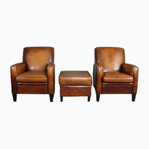 Leather Armchairs and Footstool from Lounge Atelier, Set of 3