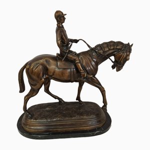 Scultura vintage di fantino su cavallo in bronzo, anni '80