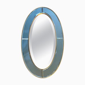 Ovaler blau getäfelter Spiegel mit Messingrahmen, 2000