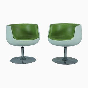 Space Age Swivel Armchair in Green Leather, 1960s, Set of 2
