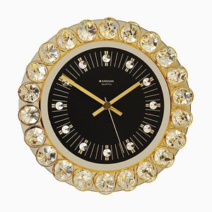 German Hollywood Regency Golden Wall Clock in Gilt with Crystals by Junghans, 1970s