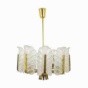 Mid-Century Glass Leaves Brass Chandelier by Carl Fagerlund for Orrefors, 1950s