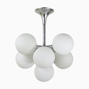 Chromed Atomic Chandelier with White Glass Globes from Temde, Switzerland, 1960s