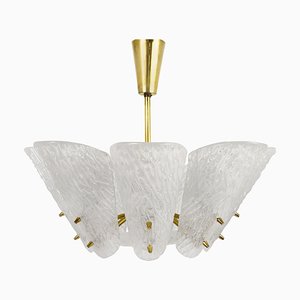 Mid-Century Brass Chandelier with White Textured Glass Lamp Shades attributed to J. T. Kalmar for Kalmar, 1950s