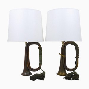 Messing Trompetenhorn Jagd Tischlampen mit Weißen Lampenschirmen, 1950er, 2er Set
