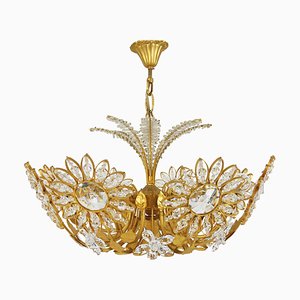 Flower Palm Tree Chandelier in Gilt Brass and Crystals from Palwa, Germany, 1970s