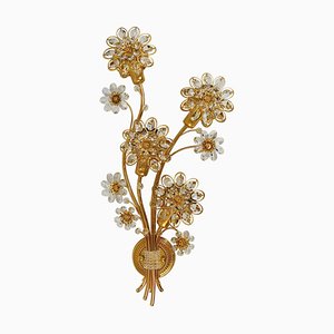 Large Gilt Brass & Crystals Flower Wall Light from Palwa, 1970s