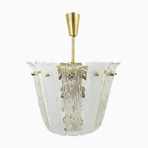 Mid-Century Brass & Textured Glass Pendant Light from Kalmar, Austria, 1950s