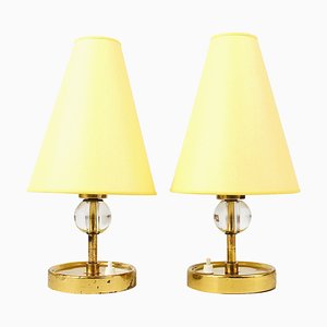 Art Deco Brass Table Lamps with Crystal Glass Balls from Bakalowits, 1930s, Set of 2