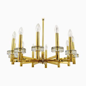 Italian Mid-Century Brass Textured Glass Discs Chandelier attributed to Sciolari, 1970
