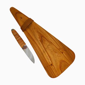 Triangular Walnut Cutting Board with Wickerwork Handle Knife attributed to Carl Auböck, 1950s